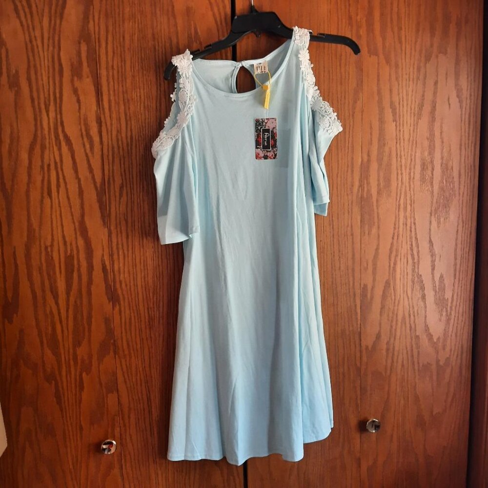 Aofur Womens Short Sleeve Chiffon Bead Sundress Mini Dress Light Blue SzM